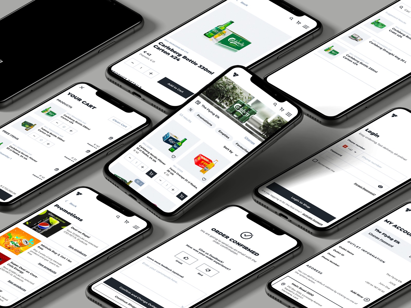 Carlshop Plus — isometric grid of B2B e-commerce app screens
