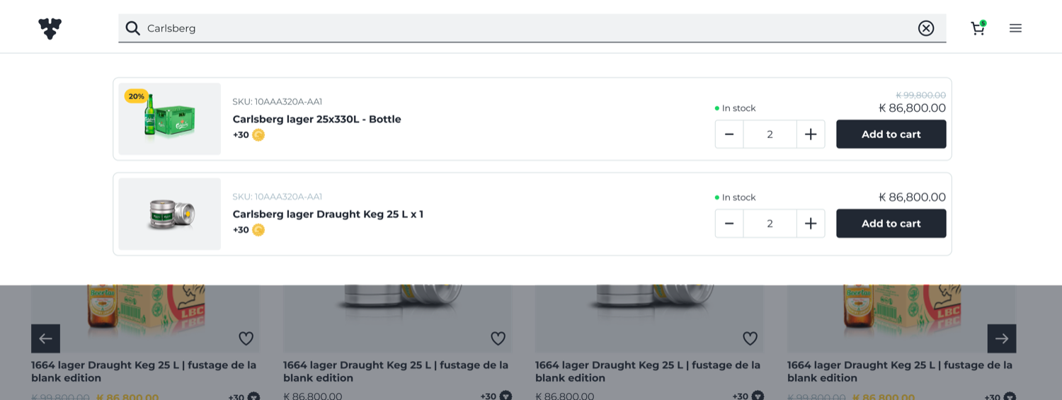 Search results with clear product cards, stock, and pricing