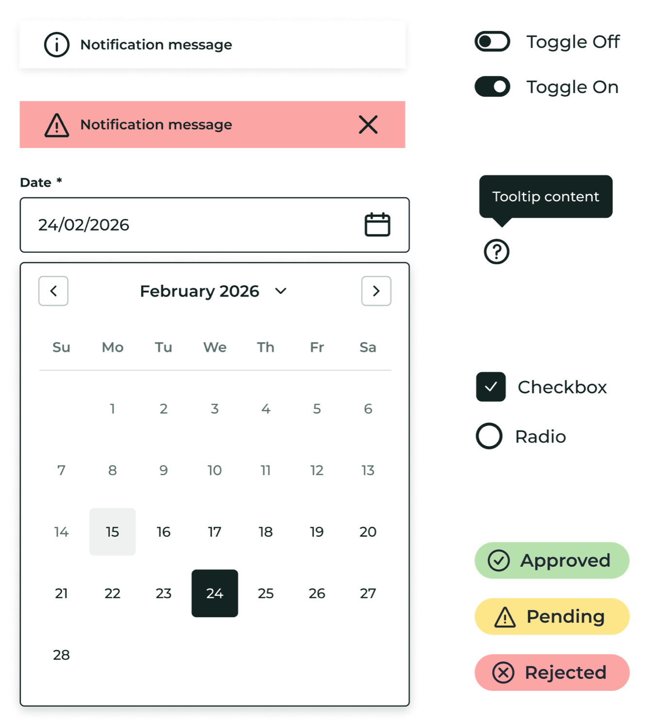 Malty components: notifications, toggles, checkboxes, radios, date picker