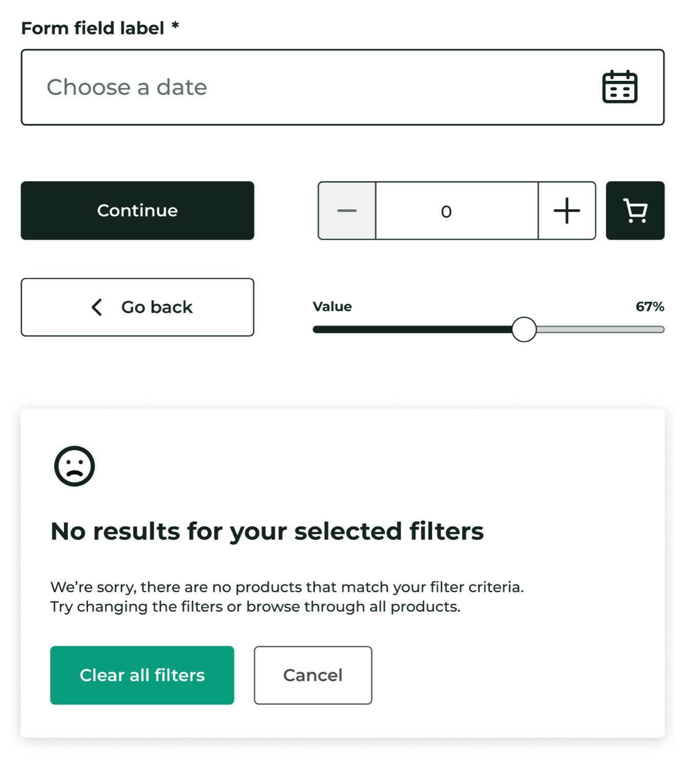 Malty components: form fields, buttons, sliders, empty states, status chips