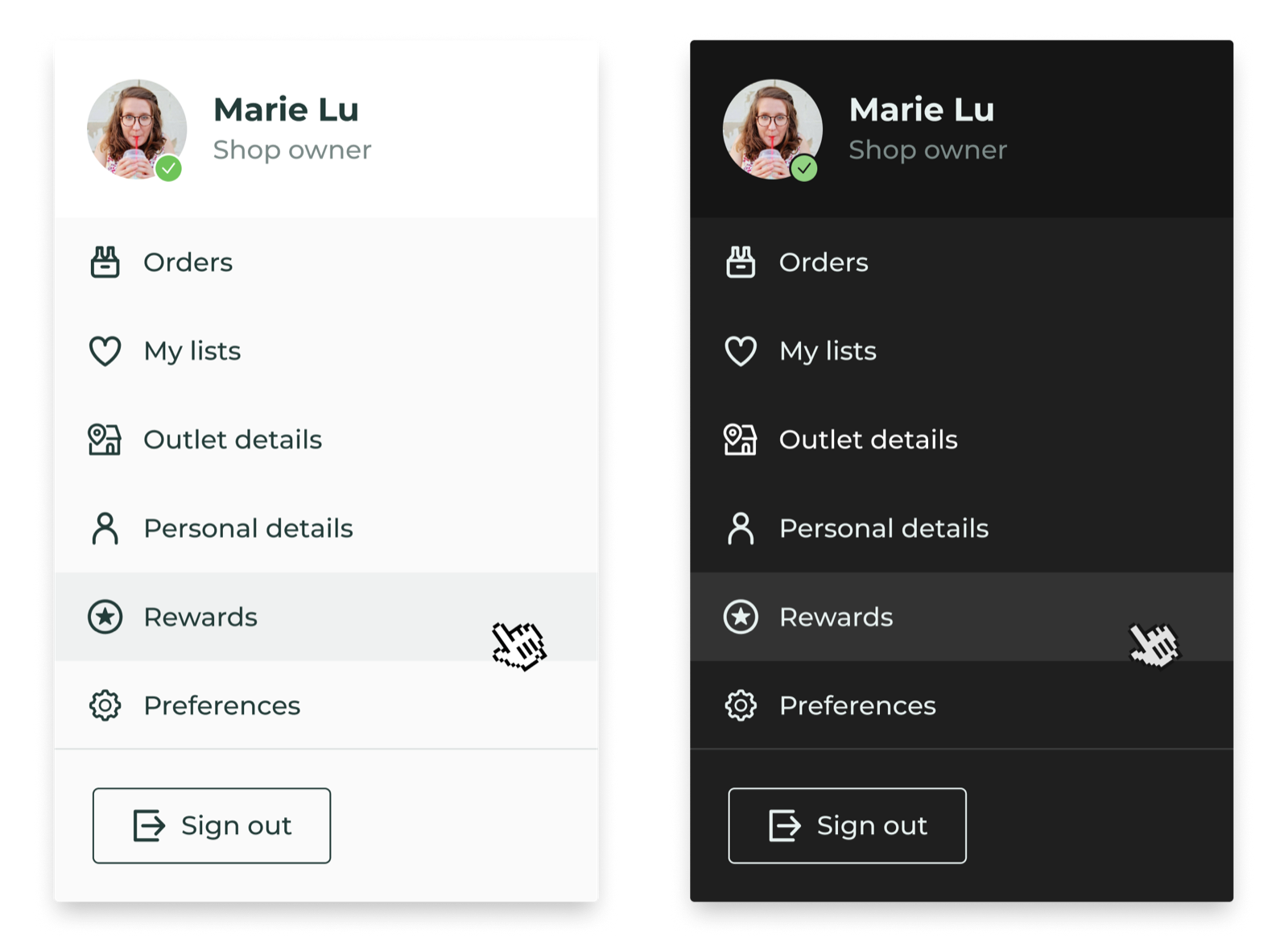 The same account menu rendered in light and dark mode
