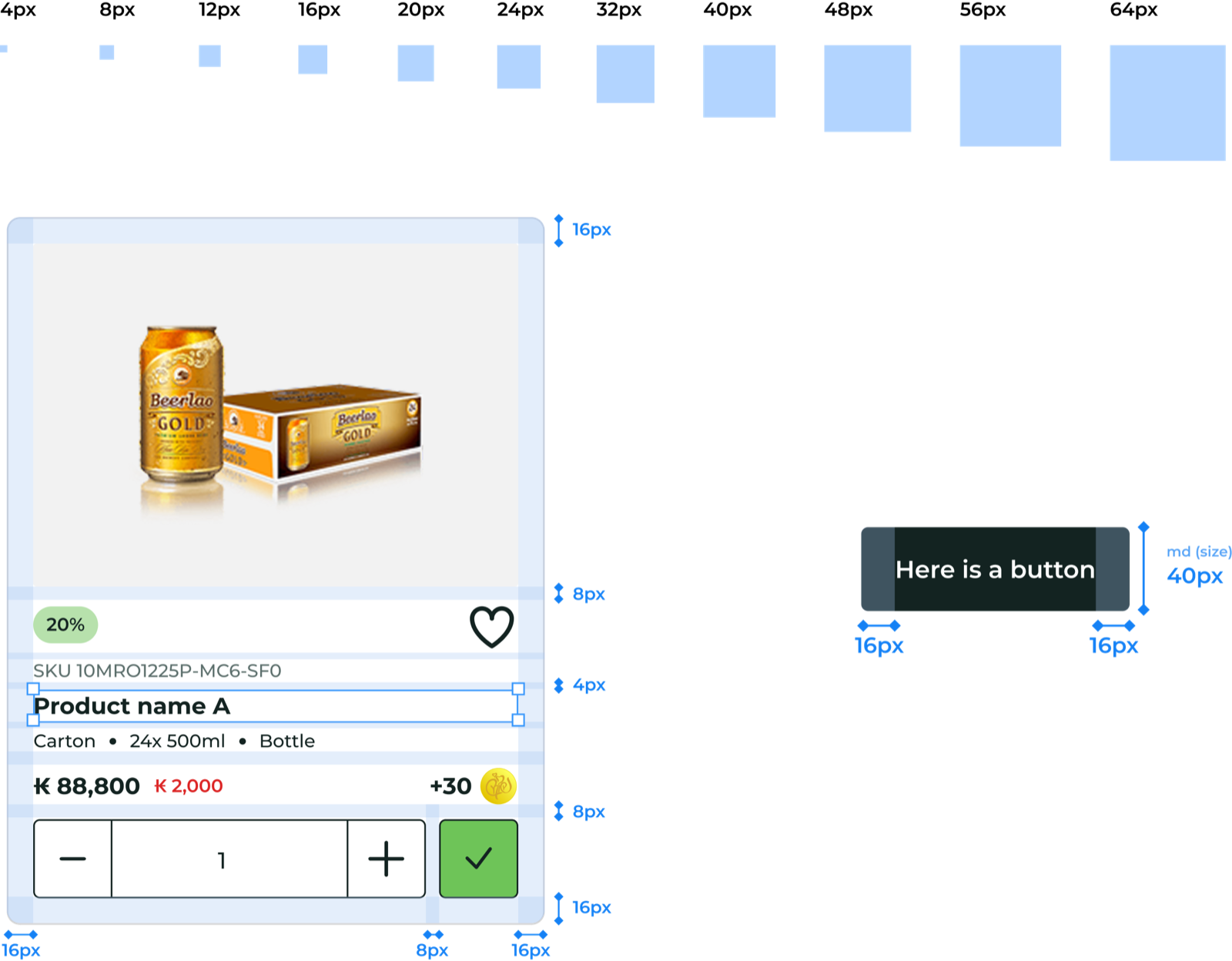 Spacing tokens annotated on a product card
